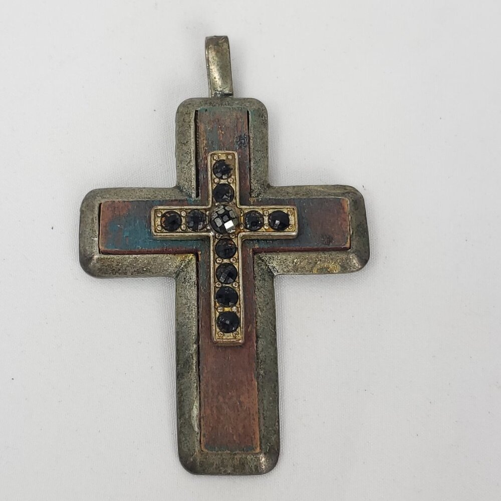Metal & Wooden Rhinestone Large Cross Pendant - Picture 3 of 8